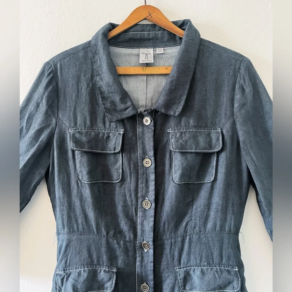 Tristan Light Linen Utility Shirt Dress | Medium | Contrast Stitching, Pockets - Picture 2 of 5